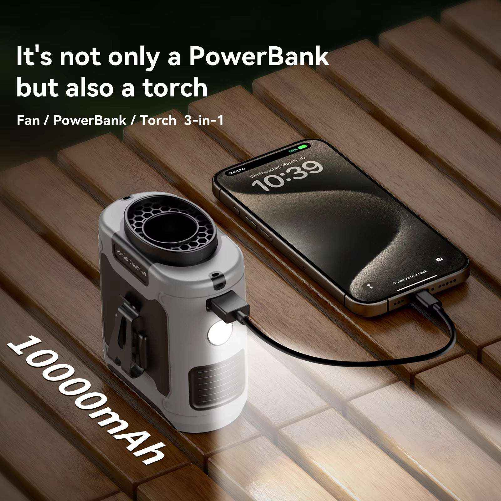 20000mAh Outdoor Waist Fan with Power Bank & LED Light – Portable Hanging Neck Fan for Work & Travel