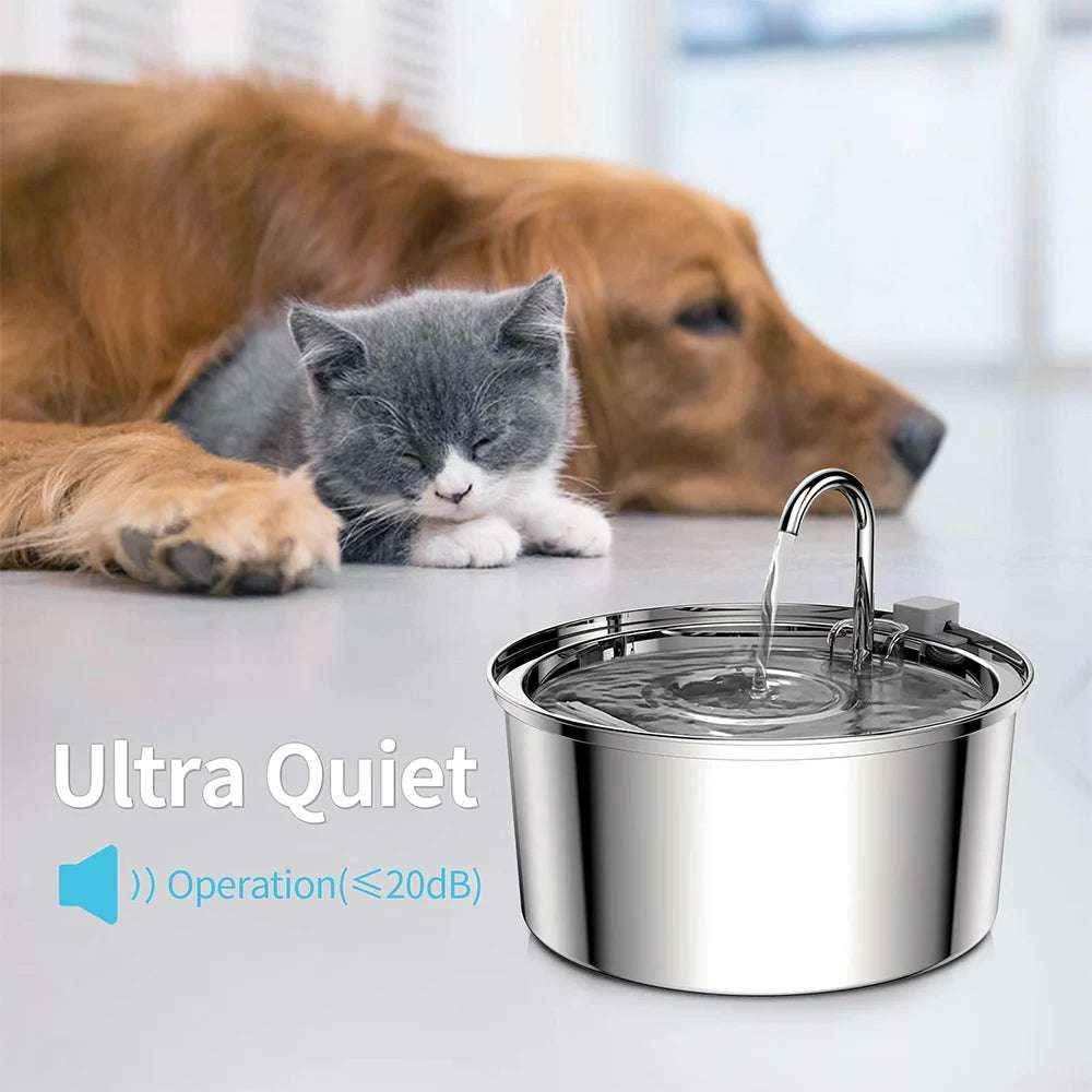 Stainless Steel Pet Water Fountain – 3L Automatic Cat & Dog Water Feeder with USB Silent Pump & Double Filtration