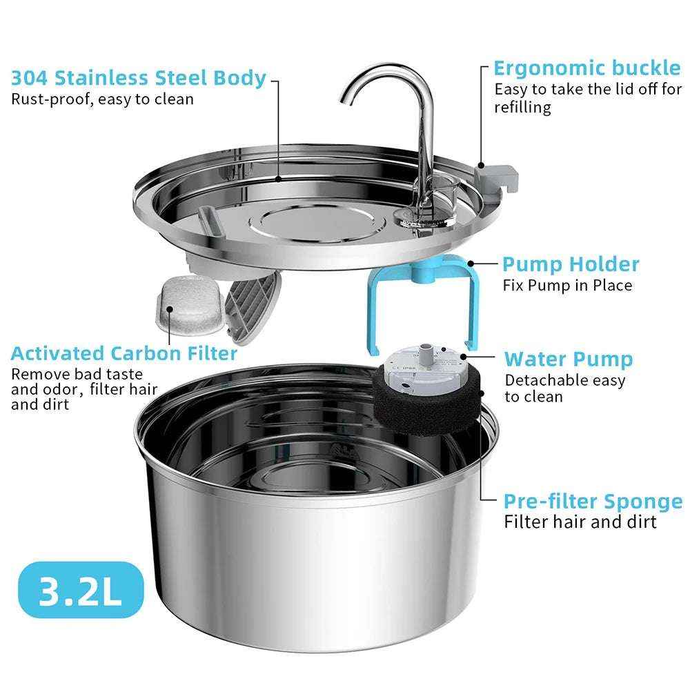Stainless Steel Pet Water Fountain – 3L Automatic Cat & Dog Water Feeder with USB Silent Pump & Double Filtration