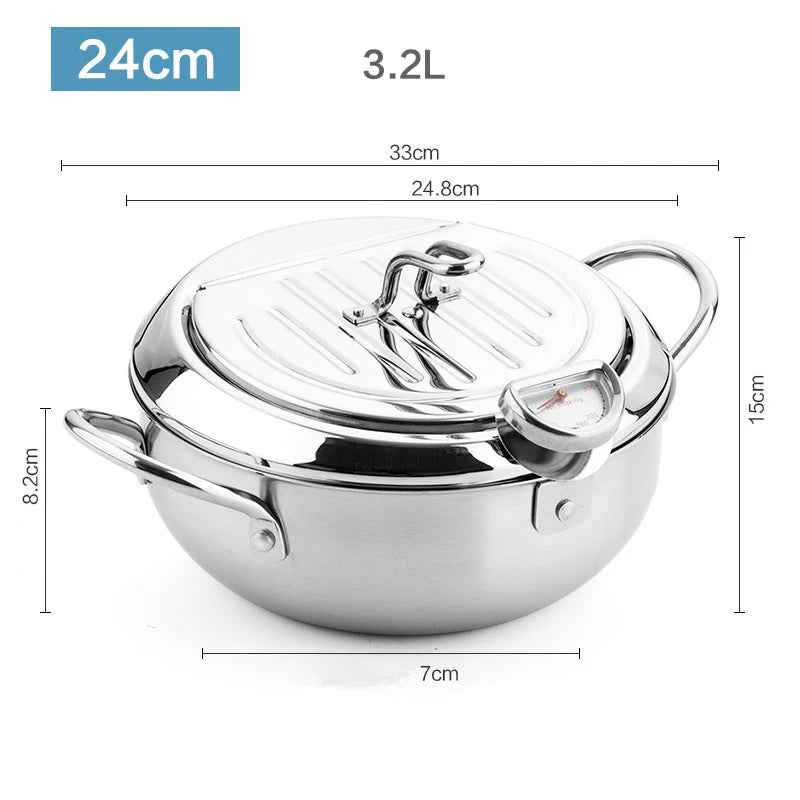 Japanese Deep Frying Pot with Thermometer & Lid – 304 Stainless Steel Tempura Fryer Pan 20/24cm