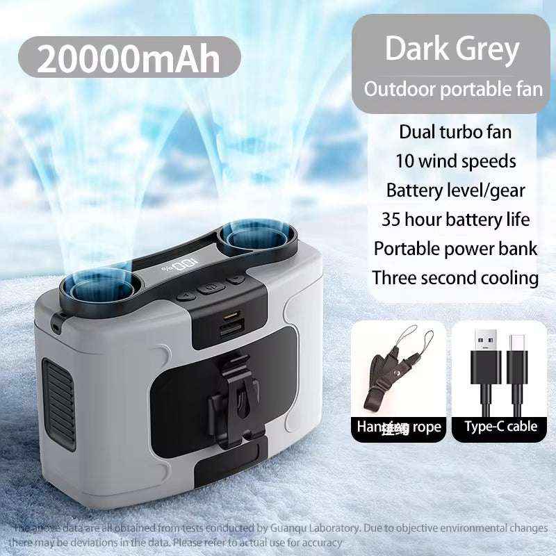 20000mAh Outdoor Waist Fan with Power Bank & LED Light – Portable Hanging Neck Fan for Work & Travel