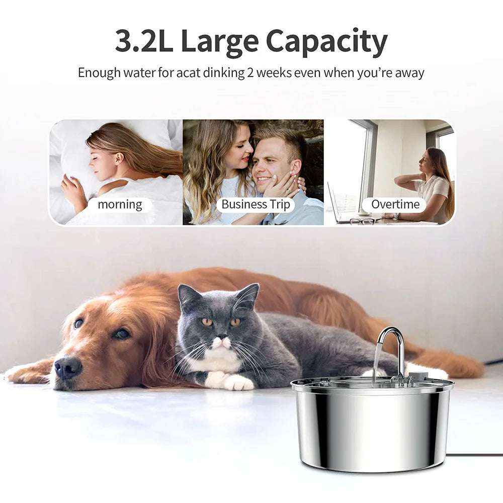 Stainless Steel Pet Water Fountain – 3L Automatic Cat & Dog Water Feeder with USB Silent Pump & Double Filtration