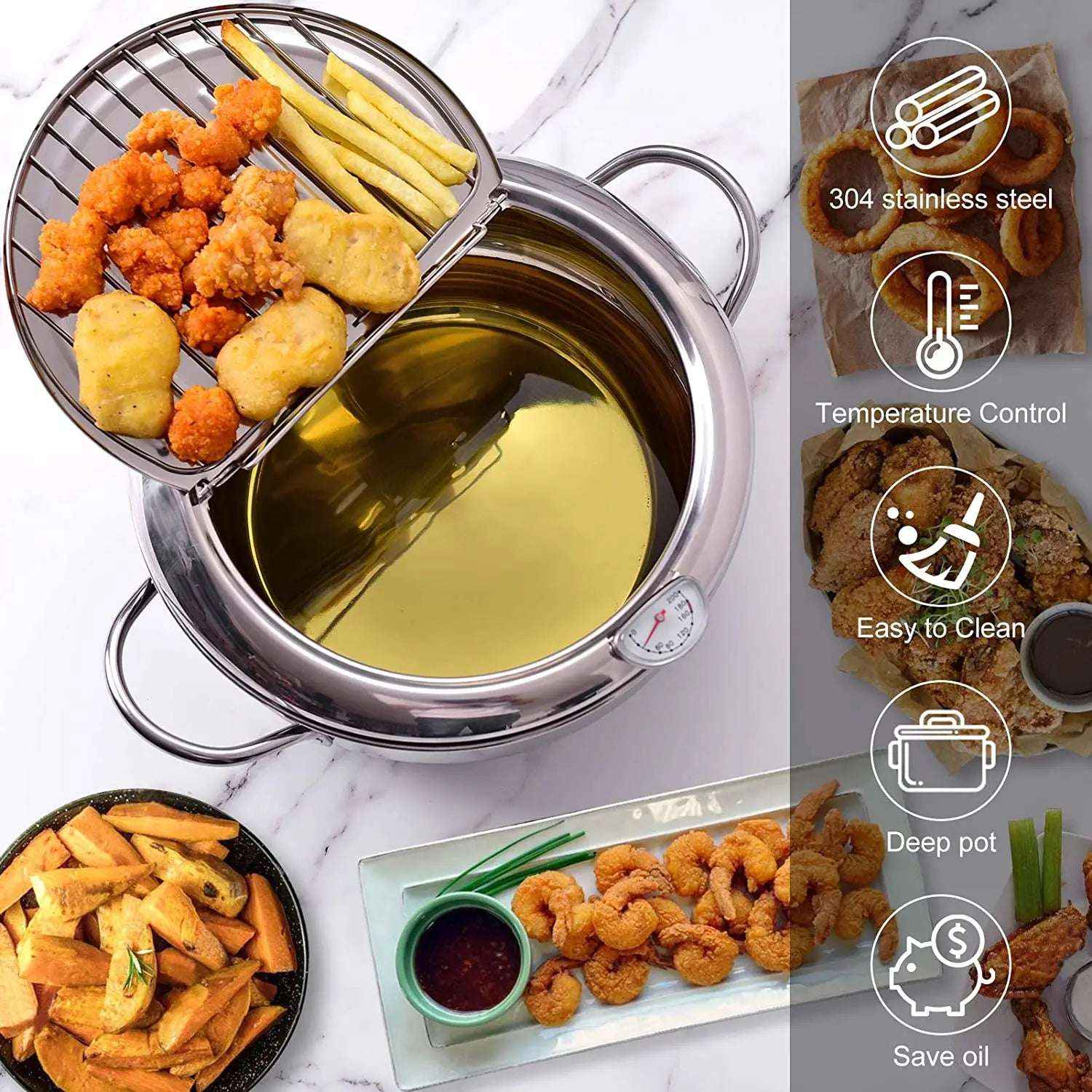 Japanese Deep Frying Pot with Thermometer & Lid – 304 Stainless Steel Tempura Fryer Pan 20/24cm