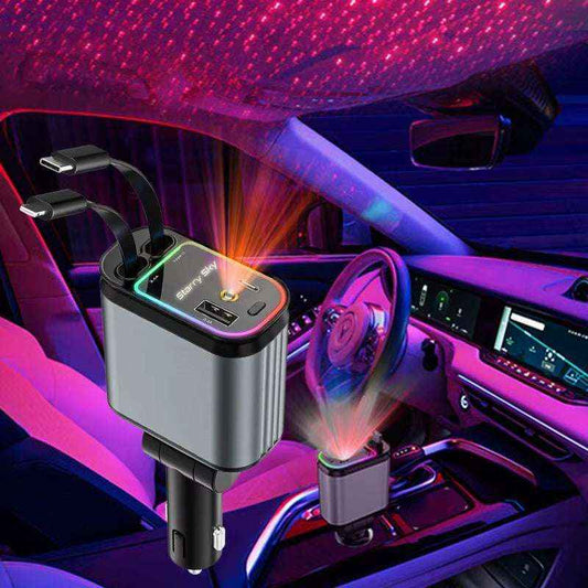 4-in-1 Car Charger with Starry Sky Light – Retractable Cable & Dual USB Ports