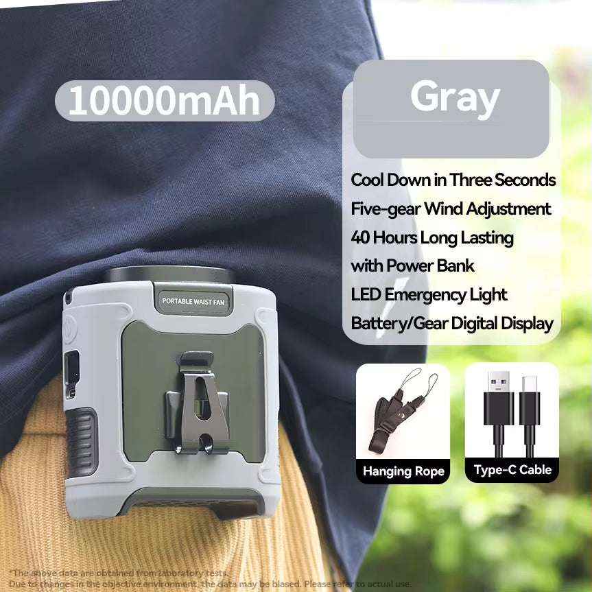 20000mAh Outdoor Waist Fan with Power Bank & LED Light – Portable Hanging Neck Fan for Work & Travel
