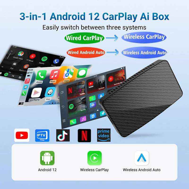 Android AI Box Pro – Wired to Wireless CarPlay Adapter with Built-in YouTube, Netflix, TikTok & IPTV | Car Multimedia Upgrade
