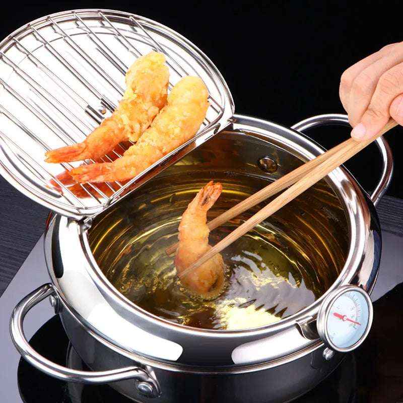 Japanese Deep Frying Pot with Thermometer & Lid – 304 Stainless Steel Tempura Fryer Pan 20/24cm