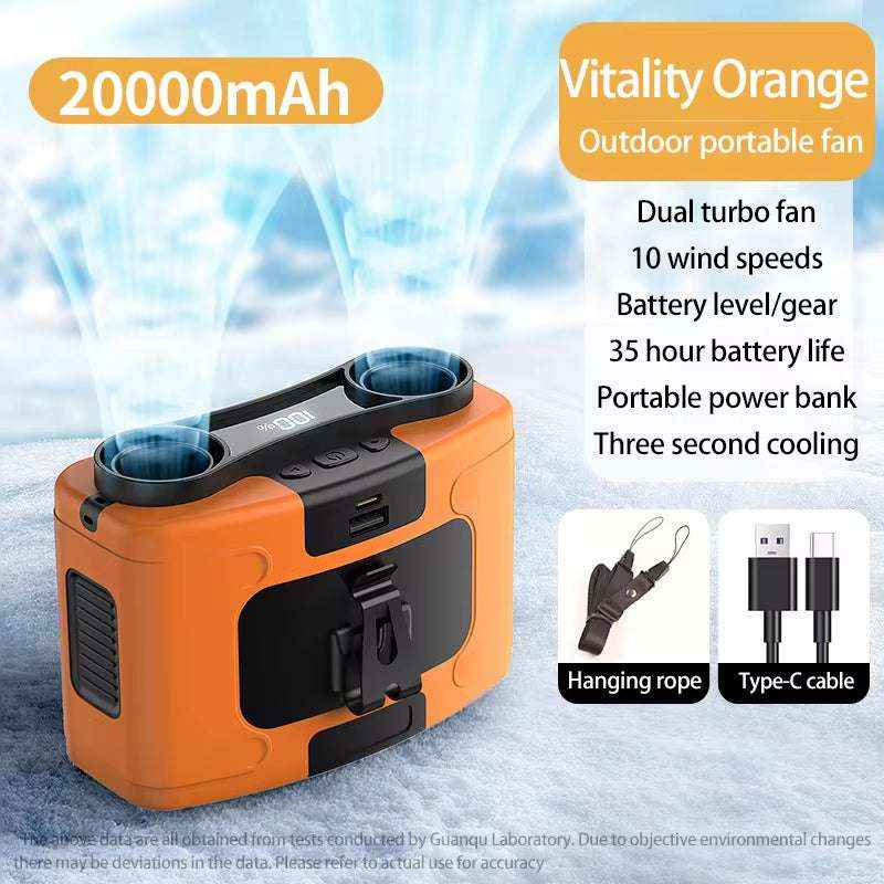 20000mAh Outdoor Waist Fan with Power Bank & LED Light – Portable Hanging Neck Fan for Work & Travel