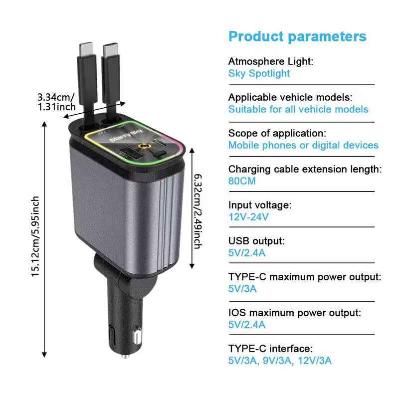 4-in-1 Car Charger with Starry Sky Light – Retractable Cable & Dual USB Ports