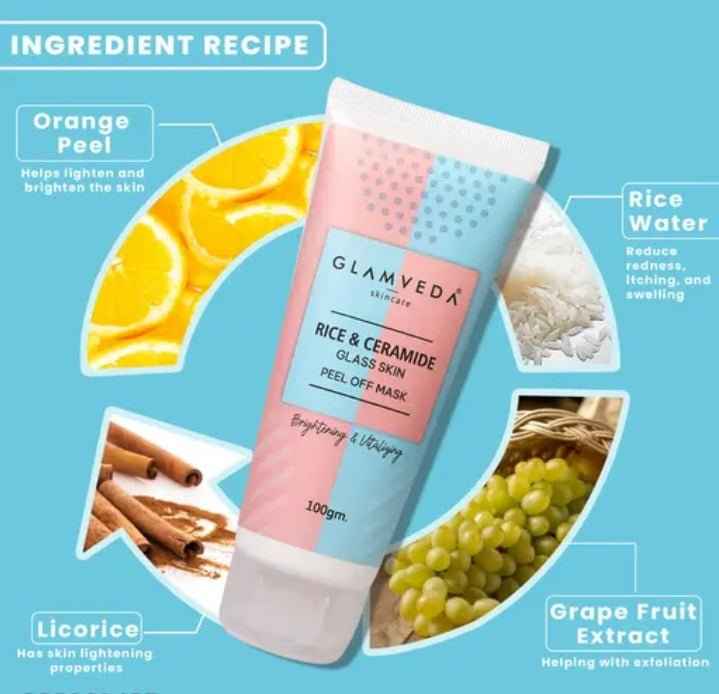 Glamyeda Rice & Ceramide Korean Glass Skin Peel Off Mask 100gm | Brightening & Hydrating Clay Peel Mask | Glowing Skin Treatment