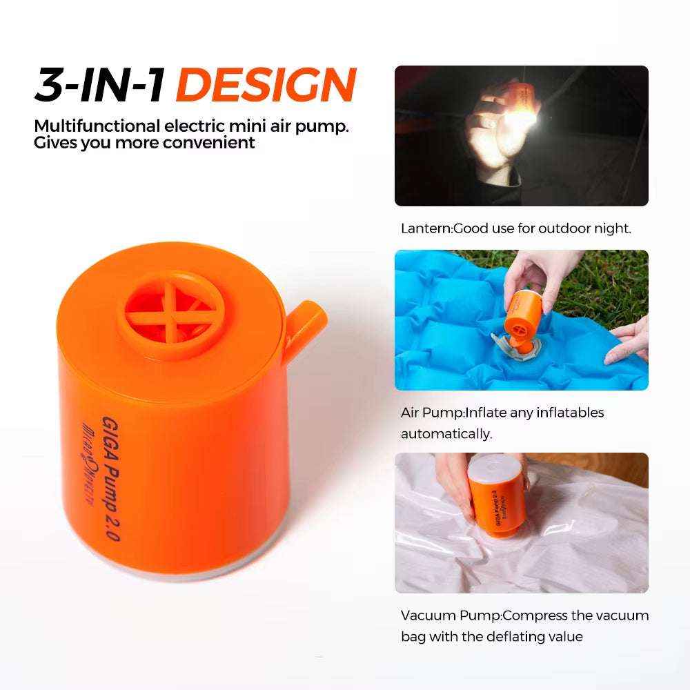 GIGA Pump 2.0 – 3-in-1 Portable Air Pump, Vacuum Deflator & LED Lantern for Outdoor & Home Use