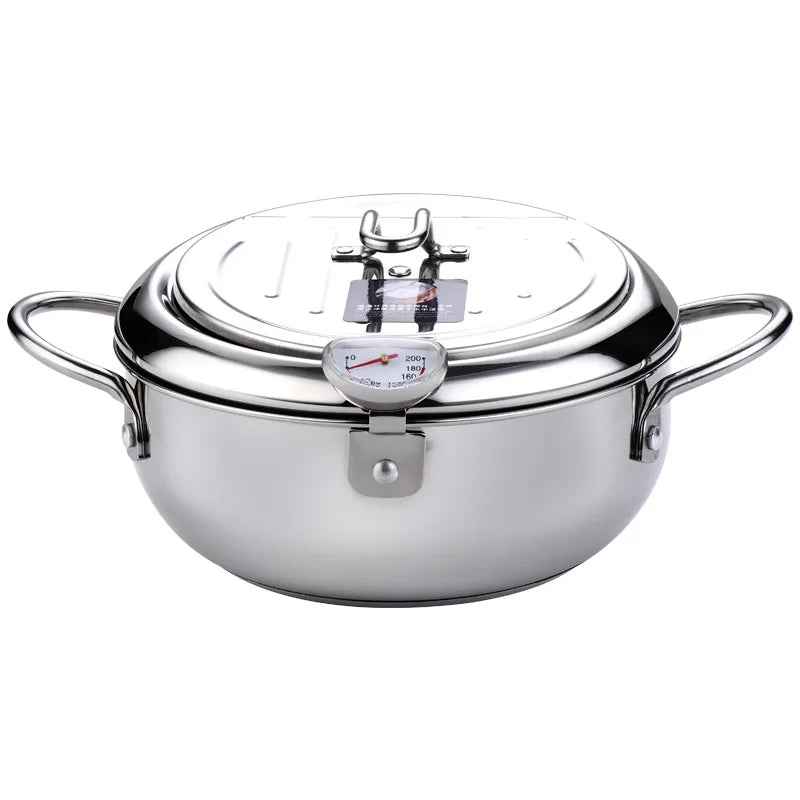 Japanese Deep Frying Pot with Thermometer & Lid – 304 Stainless Steel Tempura Fryer Pan 20/24cm