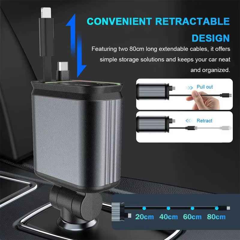 4-in-1 Car Charger with Starry Sky Light – Retractable Cable & Dual USB Ports