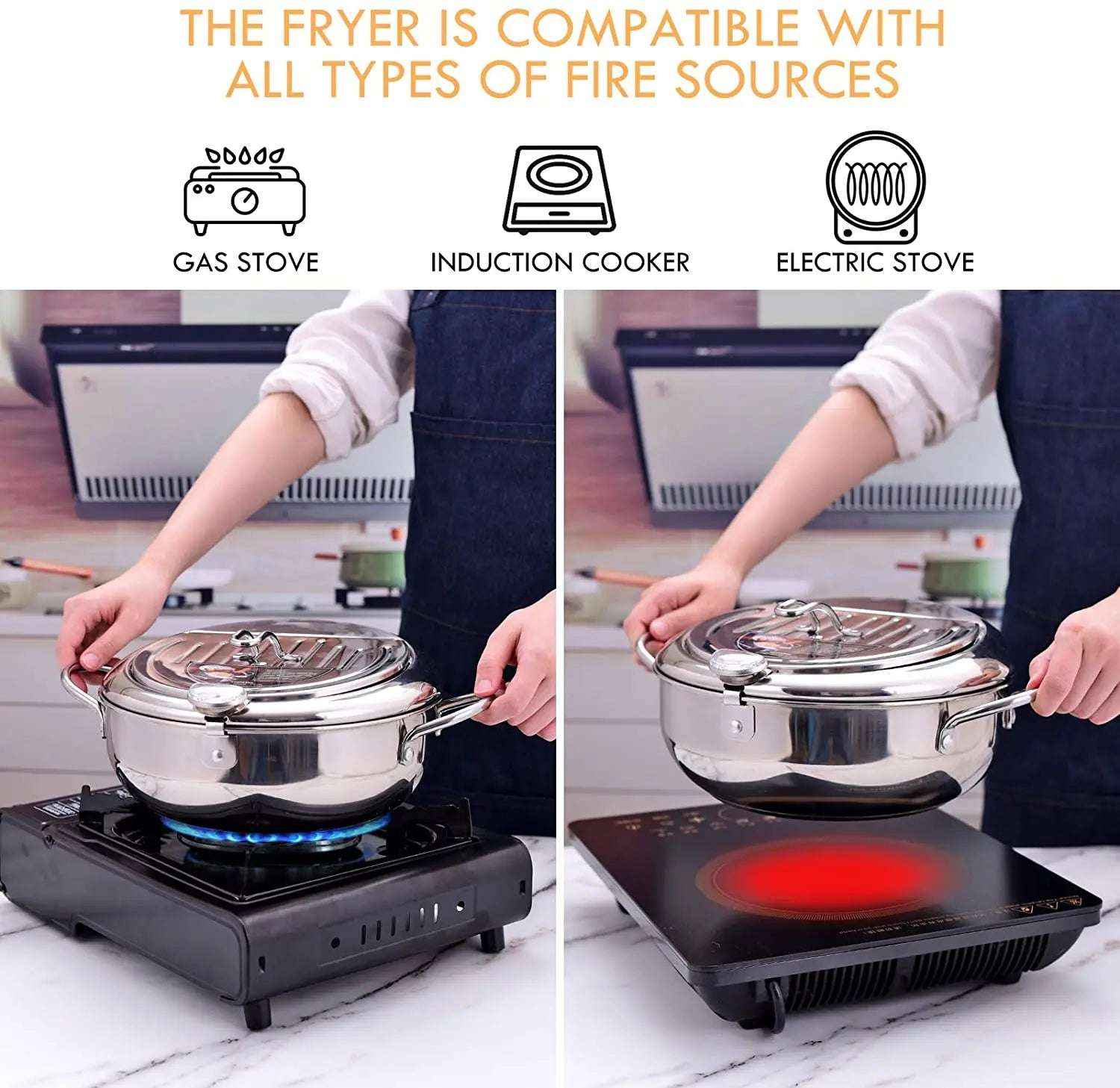 Japanese Deep Frying Pot with Thermometer & Lid – 304 Stainless Steel Tempura Fryer Pan 20/24cm