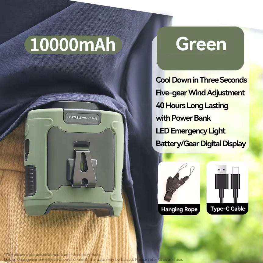 20000mAh Outdoor Waist Fan with Power Bank & LED Light – Portable Hanging Neck Fan for Work & Travel