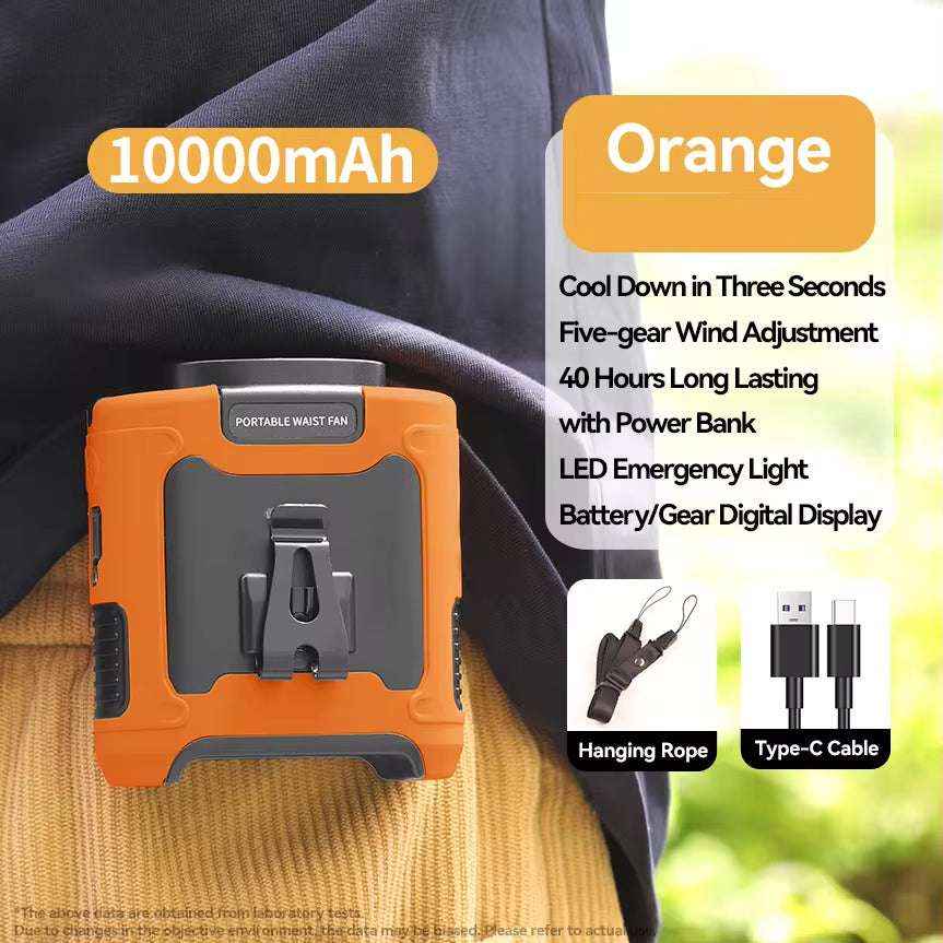 20000mAh Outdoor Waist Fan with Power Bank & LED Light – Portable Hanging Neck Fan for Work & Travel