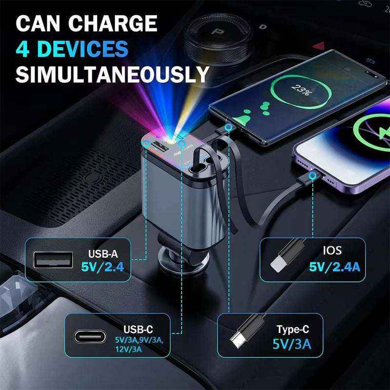 4-in-1 Car Charger with Starry Sky Light – Retractable Cable & Dual USB Ports