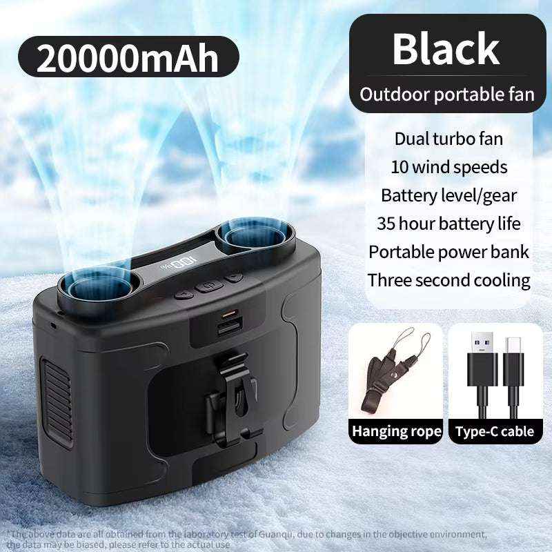 20000mAh Outdoor Waist Fan with Power Bank & LED Light – Portable Hanging Neck Fan for Work & Travel