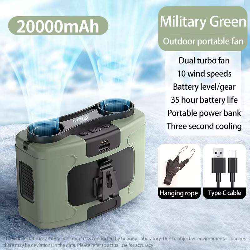 20000mAh Outdoor Waist Fan with Power Bank & LED Light – Portable Hanging Neck Fan for Work & Travel