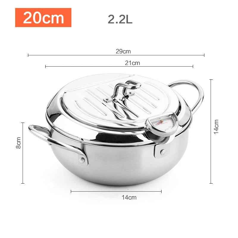 Japanese Deep Frying Pot with Thermometer & Lid – 304 Stainless Steel Tempura Fryer Pan 20/24cm