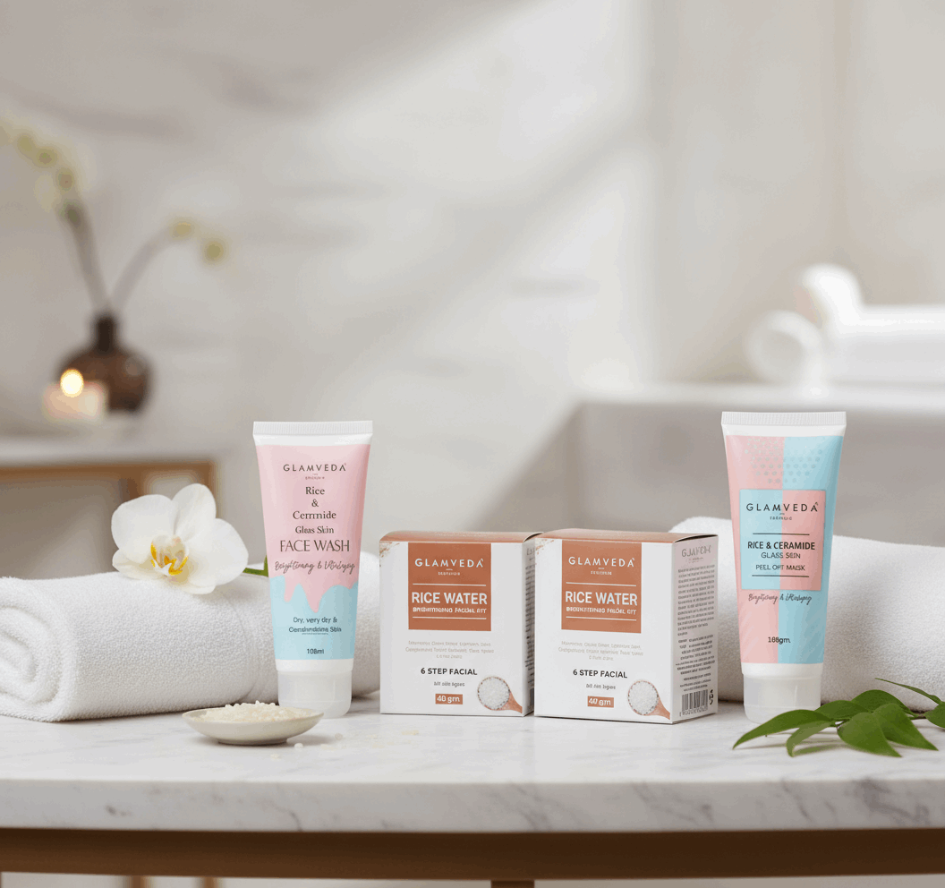 Glamveda Rice & Ceramide Complete Skincare Combo | Face Wash + Peel Off Mask + 6 - Step Facial Kit | Korean Glass Skin | Brightening & Vitalizing | For Dry, Sensitive & Combination Skin - Agorge
