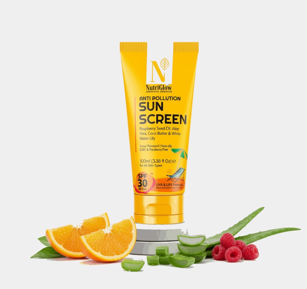 NutriGlow Anti - Pollution Sunscreen SPF 30/50 PA+++ | UVA & UVB Protection | Non - Sticky, Oil Control & 10x Whitening | Raspberry, Aloe Vera & Orange Extract | 100ml - Agorge