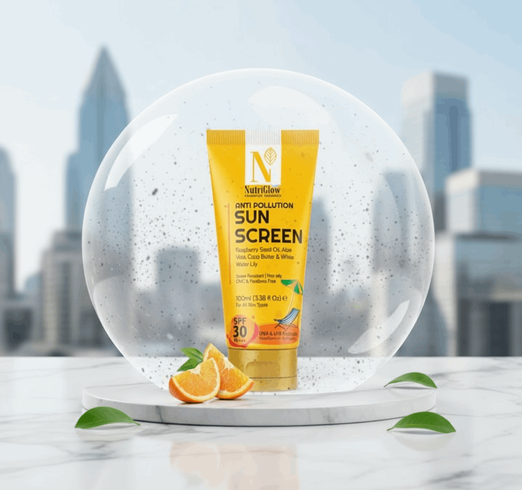 NutriGlow Anti - Pollution Sunscreen SPF 30/50 PA+++ | UVA & UVB Protection | Non - Sticky, Oil Control & 10x Whitening | Raspberry, Aloe Vera & Orange Extract | 100ml - Agorge