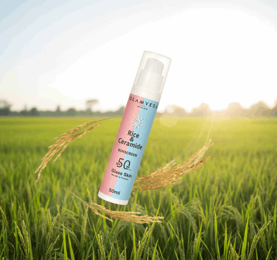 Glamveda Glass Skin Rice & Ceramide Sunscreen SPF 50 PA+++ – No White Cast, Water & Sweat Resistant, Broad Spectrum UV Protection – 50ml - Agorge