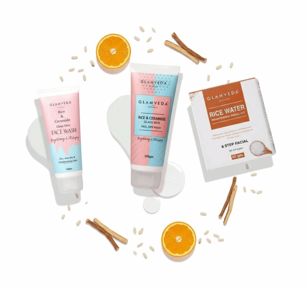 Glamveda Rice & Ceramide Complete Skincare Combo | Face Wash + Peel Off Mask + 6 - Step Facial Kit | Korean Glass Skin | Brightening & Vitalizing | For Dry, Sensitive & Combination Skin - Agorge