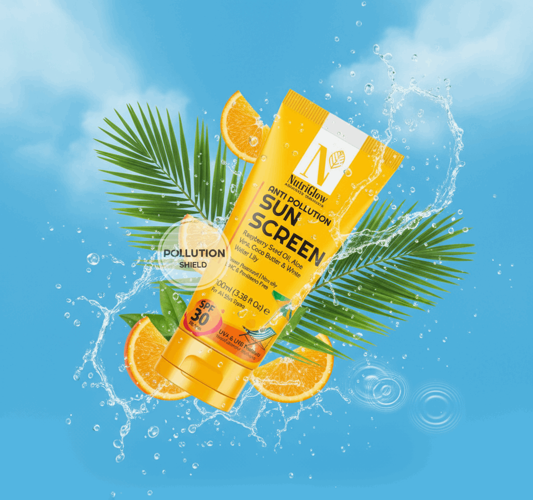 NutriGlow Anti - Pollution Sunscreen SPF 30/50 PA+++ | UVA & UVB Protection | Non - Sticky, Oil Control & 10x Whitening | Raspberry, Aloe Vera & Orange Extract | 100ml - Agorge
