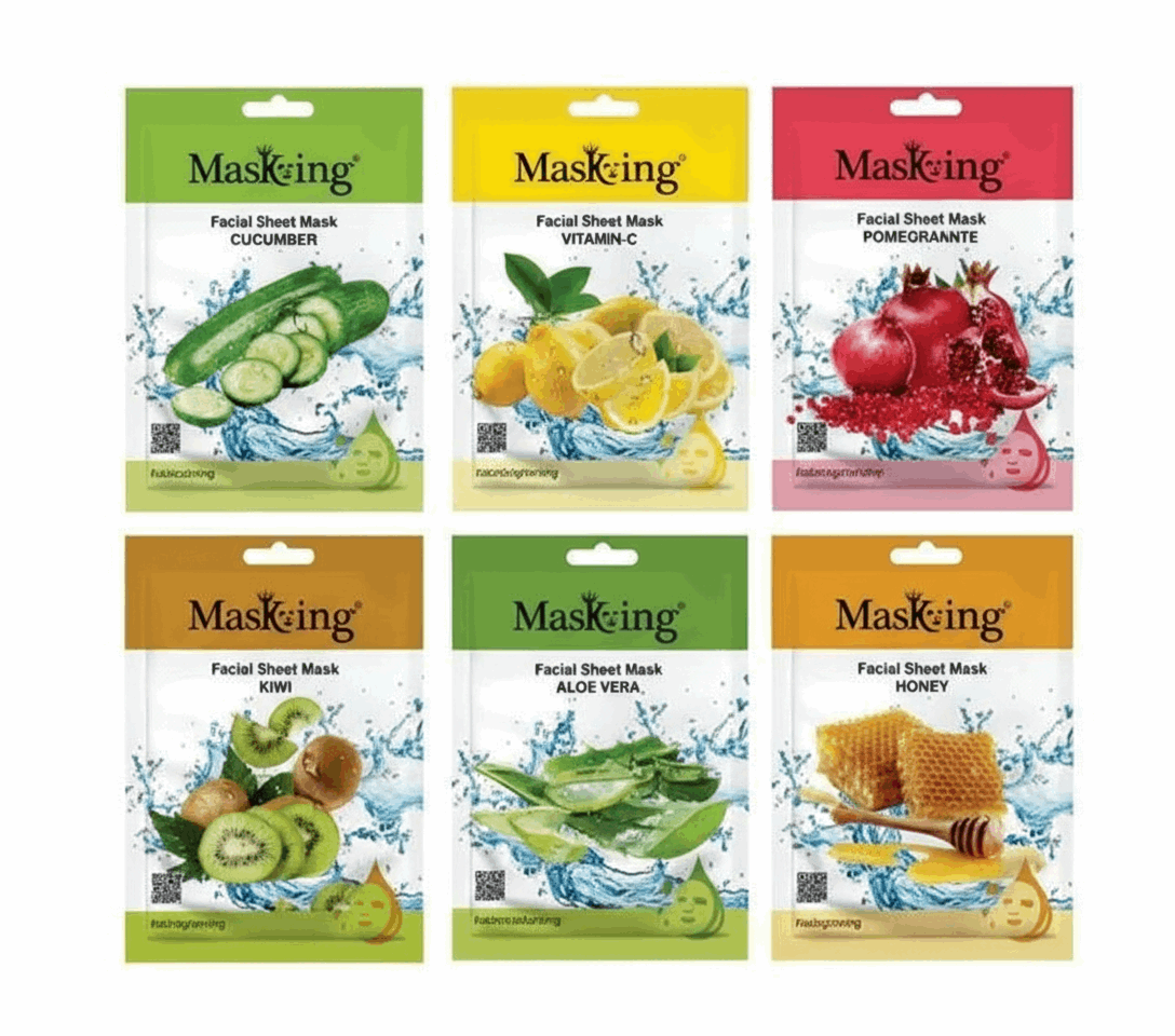 MasKing Facial Sheet Mask Combo Pack of 6 | Korean Hydrating Face Masks | Cucumber, Pomegranate, Vitamin - C, Aloe Vera, Honey & Kiwi | Instant Glow & Brightening | For All Skin Types - Agorge