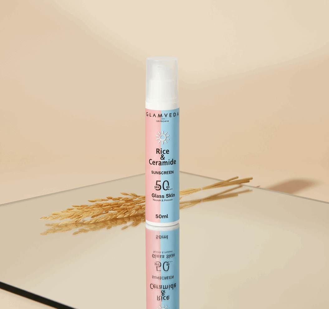 Glamveda Glass Skin Rice & Ceramide Sunscreen SPF 50 PA+++ – No White Cast, Water & Sweat Resistant, Broad Spectrum UV Protection – 50ml - Agorge