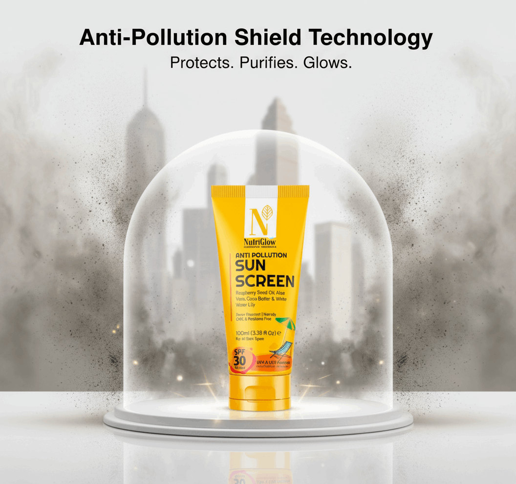 NutriGlow Anti - Pollution Sunscreen SPF 30/50 PA+++ | UVA & UVB Protection | Non - Sticky, Oil Control & 10x Whitening | Raspberry, Aloe Vera & Orange Extract | 100ml - Agorge