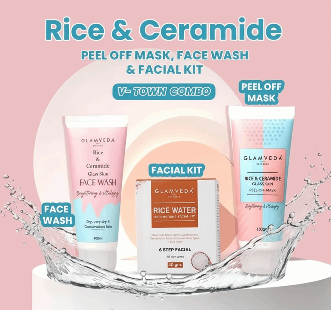 Glamveda Rice & Ceramide Complete Skincare Combo | Face Wash + Peel Off Mask + 6 - Step Facial Kit | Korean Glass Skin | Brightening & Vitalizing | For Dry, Sensitive & Combination Skin - Agorge