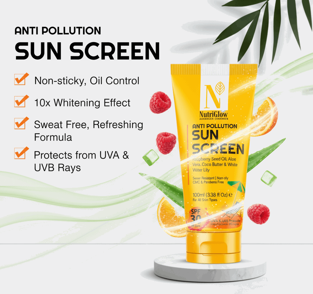 NutriGlow Anti - Pollution Sunscreen SPF 30/50 PA+++ | UVA & UVB Protection | Non - Sticky, Oil Control & 10x Whitening | Raspberry, Aloe Vera & Orange Extract | 100ml - Agorge