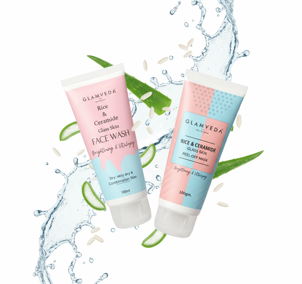 Glamveda Rice & Ceramide Complete Skincare Combo | Face Wash + Peel Off Mask + 6 - Step Facial Kit | Korean Glass Skin | Brightening & Vitalizing | For Dry, Sensitive & Combination Skin - Agorge