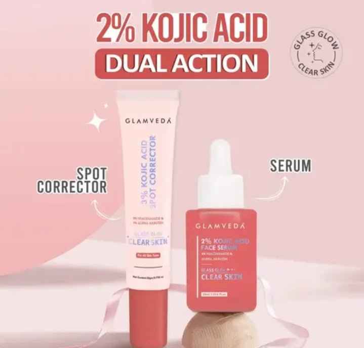 GLAMVEDA 2% Kojic Acid Dual Action Spot Corrector + Serum – Targets Blemishes, Dark Spots, Pigmentation & Uneven Tone | Fades Acne Scars | Promotes Clear Skin | Brightens Complexion & Boosts Radiance