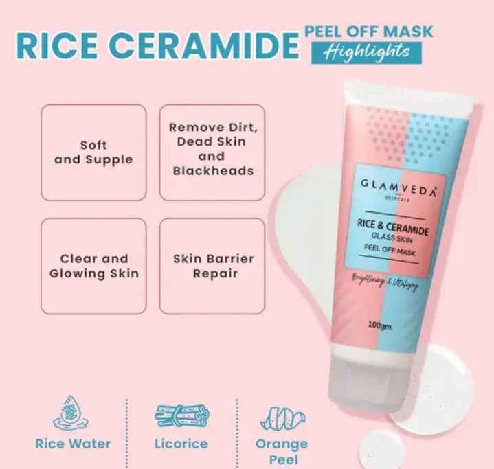 Glamveda Rice & Ceramide Complete Skincare Combo | Face Wash + Peel Off Mask + 6 - Step Facial Kit | Korean Glass Skin | Brightening & Vitalizing | For Dry, Sensitive & Combination Skin - Agorge