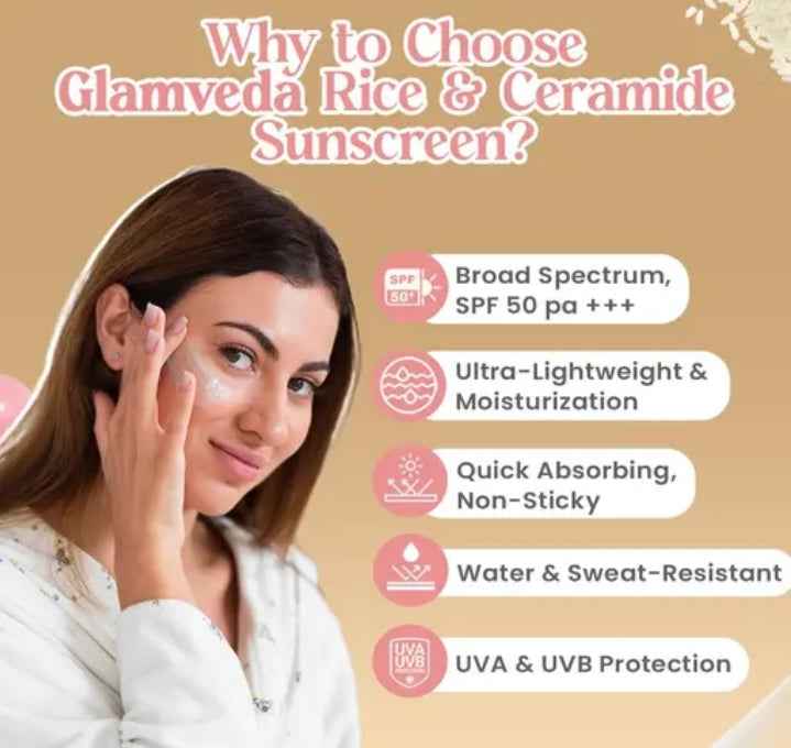 Glamveda Glass Skin Rice & Ceramide Sunscreen SPF 50 PA+++ – No White Cast, Water & Sweat Resistant, Broad Spectrum UV Protection – 50ml - Agorge