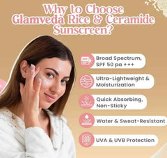 Glamveda Glass Skin Rice & Ceramide Sunscreen SPF 50 PA+++ – No White Cast, Water & Sweat Resistant, Broad Spectrum UV Protection – 50ml - Agorge