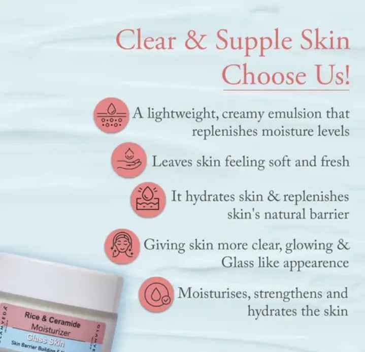 Glamveda Glass Skin Rice & Ceramide Moisturizer - Hydrating Face Cream for Clear, Glowing Skin | Skin Barrier Repair & Nourishing | 24 - Hour Moisturization - Agorge