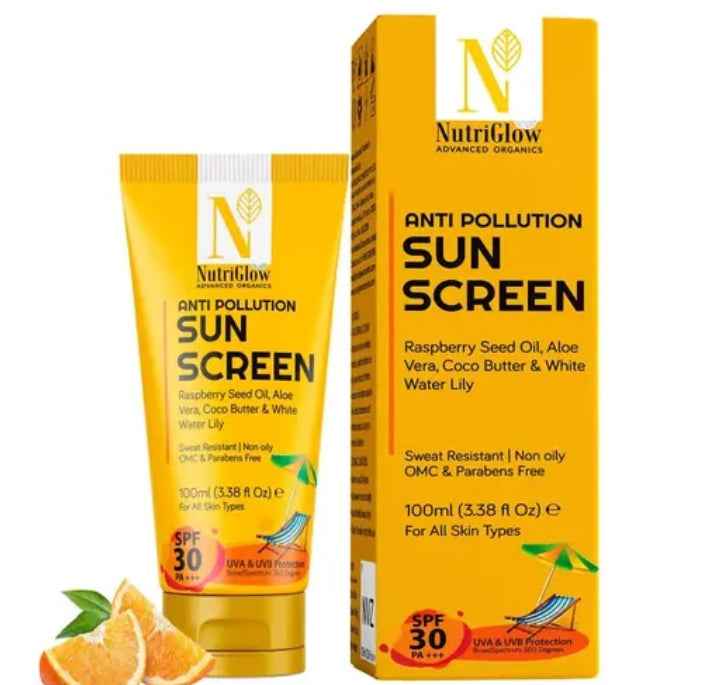 NutriGlow Anti - Pollution Sunscreen SPF 30/50 PA+++ | UVA & UVB Protection | Non - Sticky, Oil Control & 10x Whitening | Raspberry, Aloe Vera & Orange Extract | 100ml - Agorge