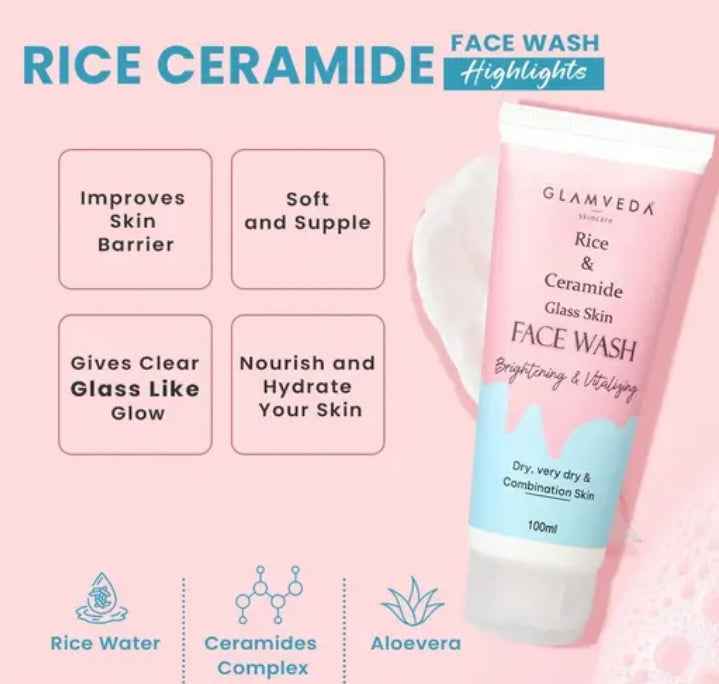 Glamveda Rice & Ceramide Complete Skincare Combo | Face Wash + Peel Off Mask + 6 - Step Facial Kit | Korean Glass Skin | Brightening & Vitalizing | For Dry, Sensitive & Combination Skin - Agorge