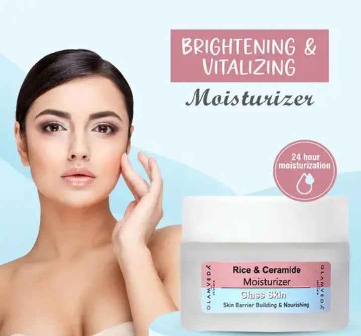 Glamveda Glass Skin Rice & Ceramide Moisturizer - Hydrating Face Cream for Clear, Glowing Skin | Skin Barrier Repair & Nourishing | 24 - Hour Moisturization - Agorge