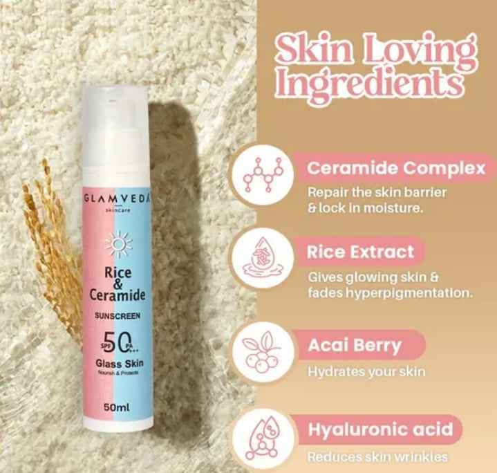Glamveda Glass Skin Rice & Ceramide Sunscreen SPF 50 PA+++ – No White Cast, Water & Sweat Resistant, Broad Spectrum UV Protection – 50ml - Agorge
