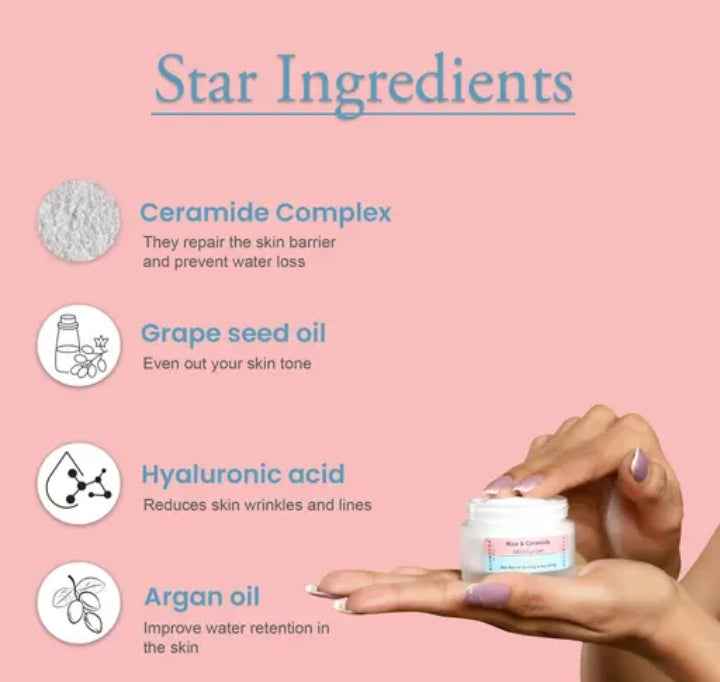 Glamveda Glass Skin Rice & Ceramide Moisturizer - Hydrating Face Cream for Clear, Glowing Skin | Skin Barrier Repair & Nourishing | 24 - Hour Moisturization - Agorge